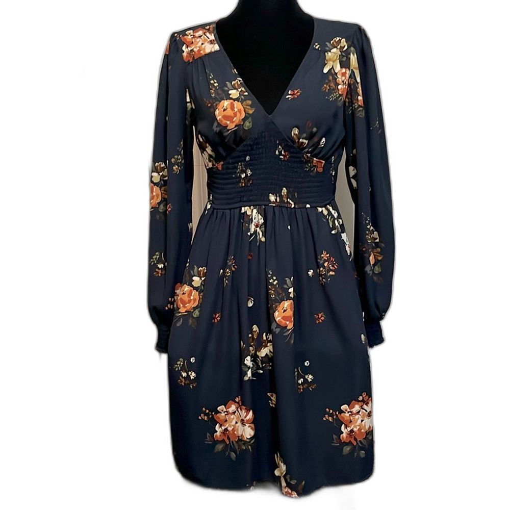 Xhilaration Navy Fall Floral Cinched Elastic Waist Long Sleeved Dress